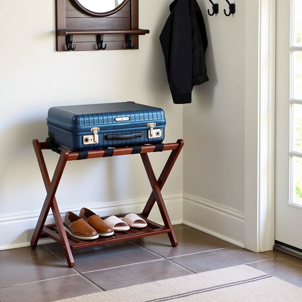 Walnut Wooden Suitcase Stand with Shelf, Luggage Rack for Guest Room. Picture 2