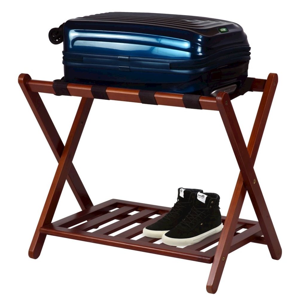 Walnut Wooden Suitcase Stand with Shelf, Luggage Rack for Guest Room. Picture 6