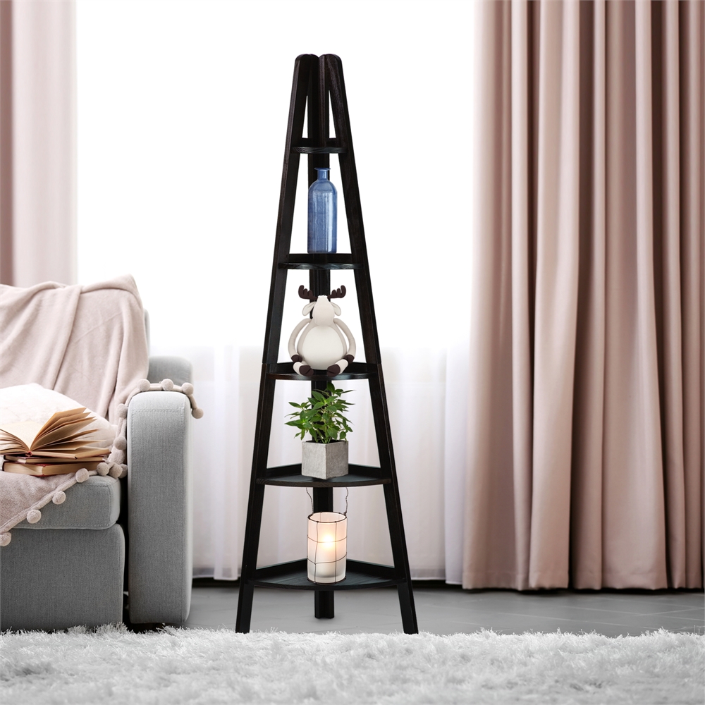 5-Shelf Corner Ladder Bookcase-Espresso. Picture 6