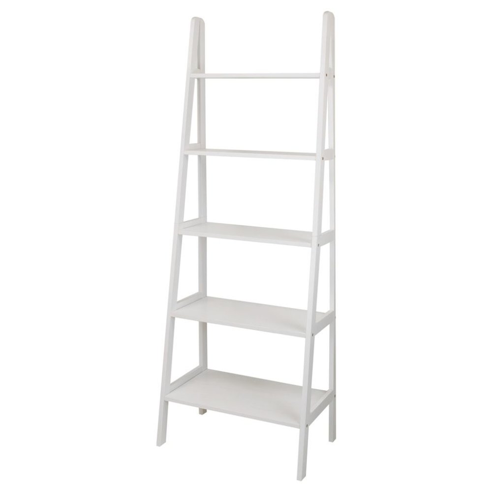 White Ladder Shelf with 5 Tiers, Solid Wood Frame and Decorative Design. Picture 4