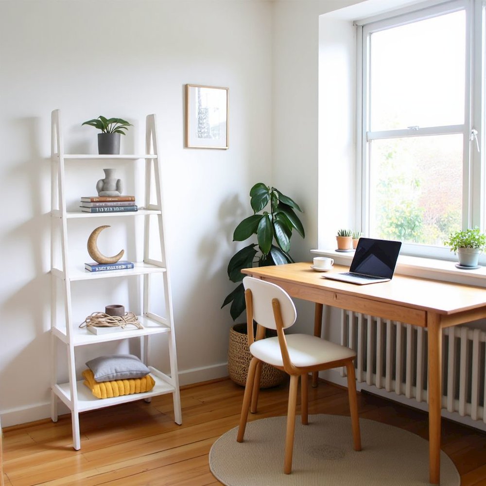 White Ladder Shelf with 5 Tiers, Solid Wood Frame and Decorative Design. Picture 2