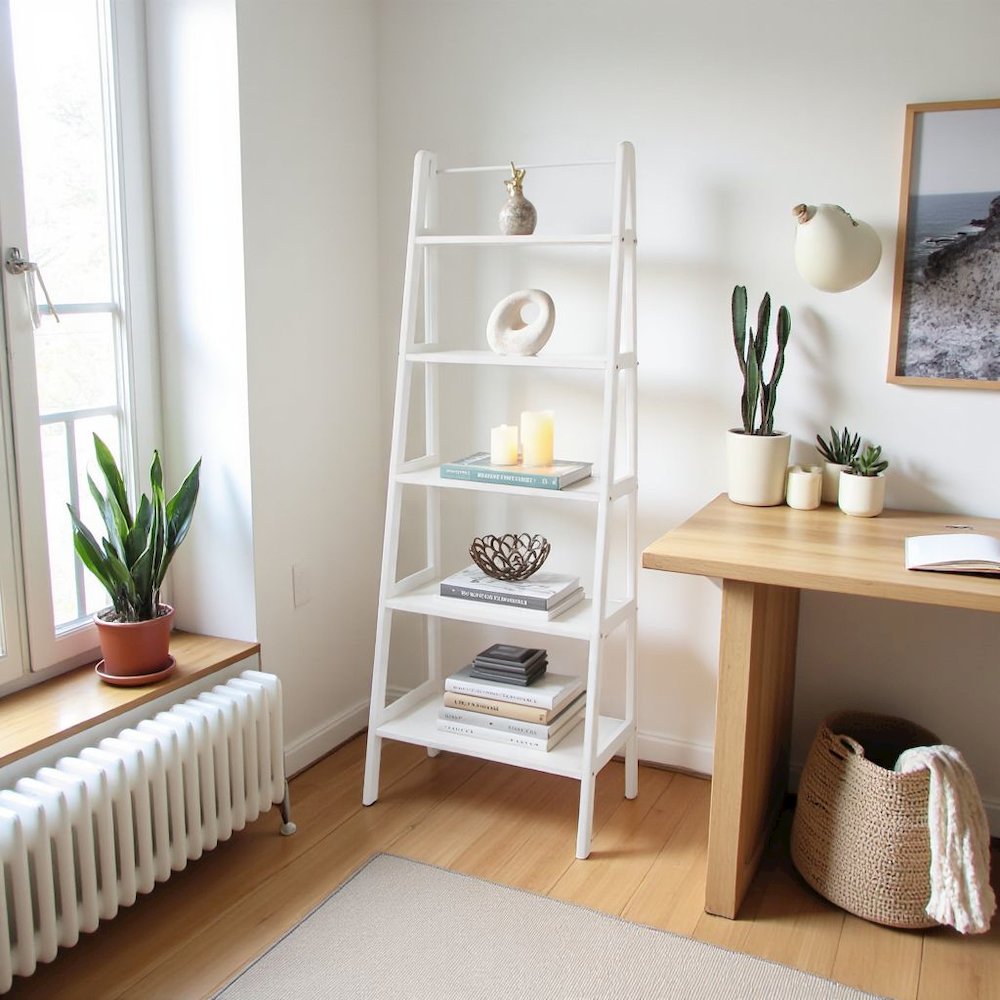 White Ladder Shelf with 5 Tiers, Solid Wood Frame and Decorative Design. Picture 3