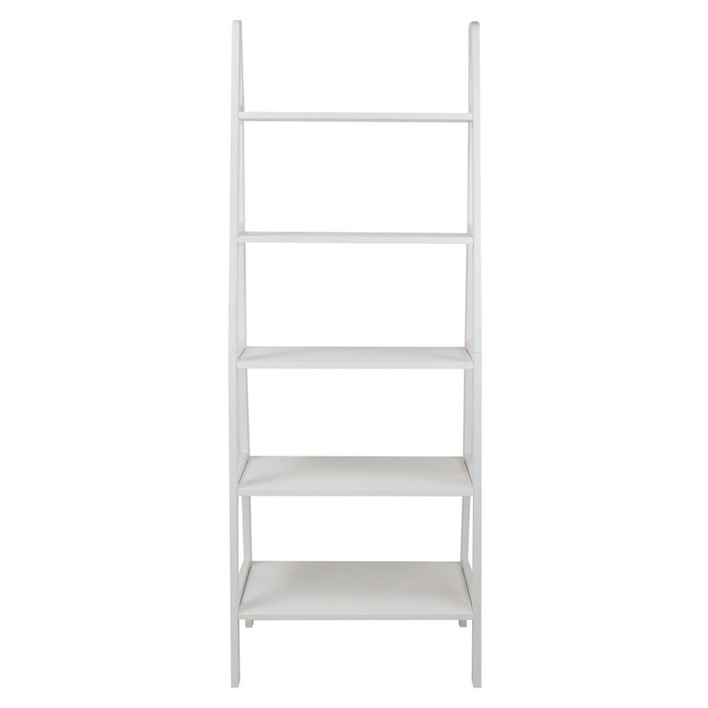 White Ladder Shelf with 5 Tiers, Solid Wood Frame and Decorative Design. Picture 5