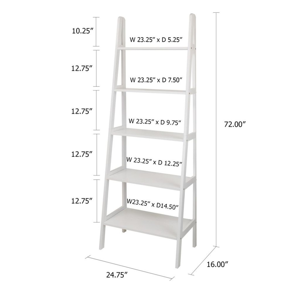 White Ladder Shelf with 5 Tiers, Solid Wood Frame and Decorative Design. Picture 7