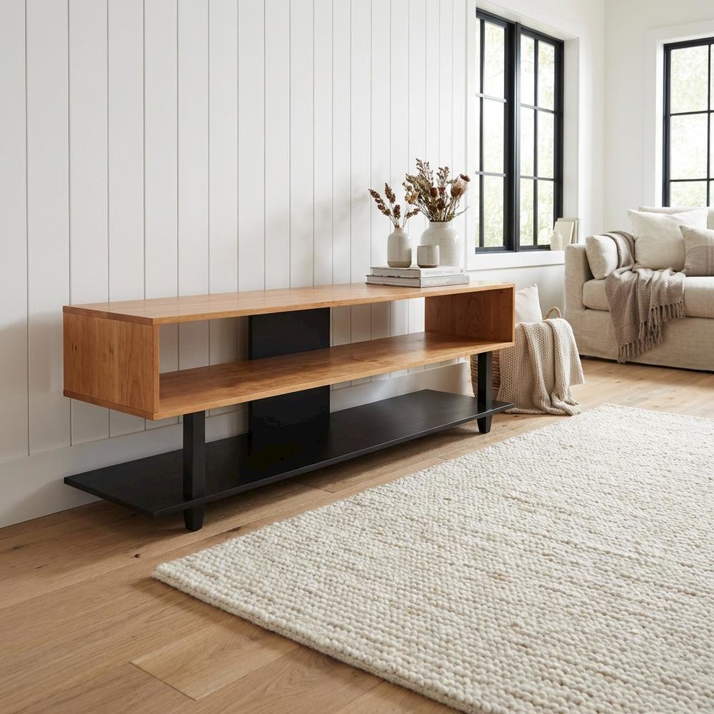 Two-Tone Cherry and Black TV Stand with Solid American Cherry Top and Pine Frame. Picture 3