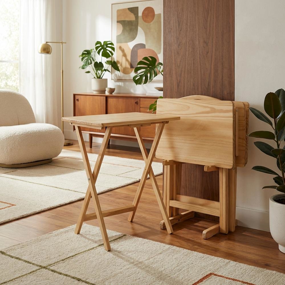 Brown Wooden 5pcs Folding Tables Set with Stand – TV Trays Set of 4. Picture 2
