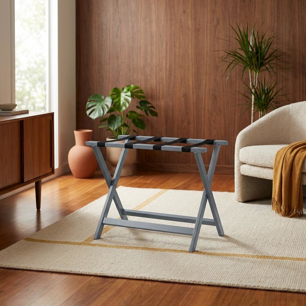 Gray Folding Pine Luggage Rack, Wide Suitcase Stand, Hotel Style. Picture 3