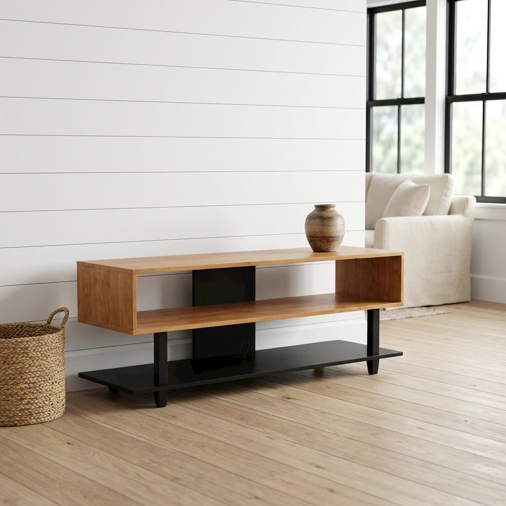 Two-Tone Cherry and Black TV Stand with Solid American Cherry Top and Pine Frame. Picture 2