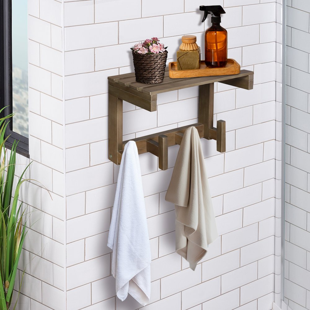 100% Solid American Hardwood Floating Wall Mounted Hook with Shelf - Autumn Gray. Picture 4