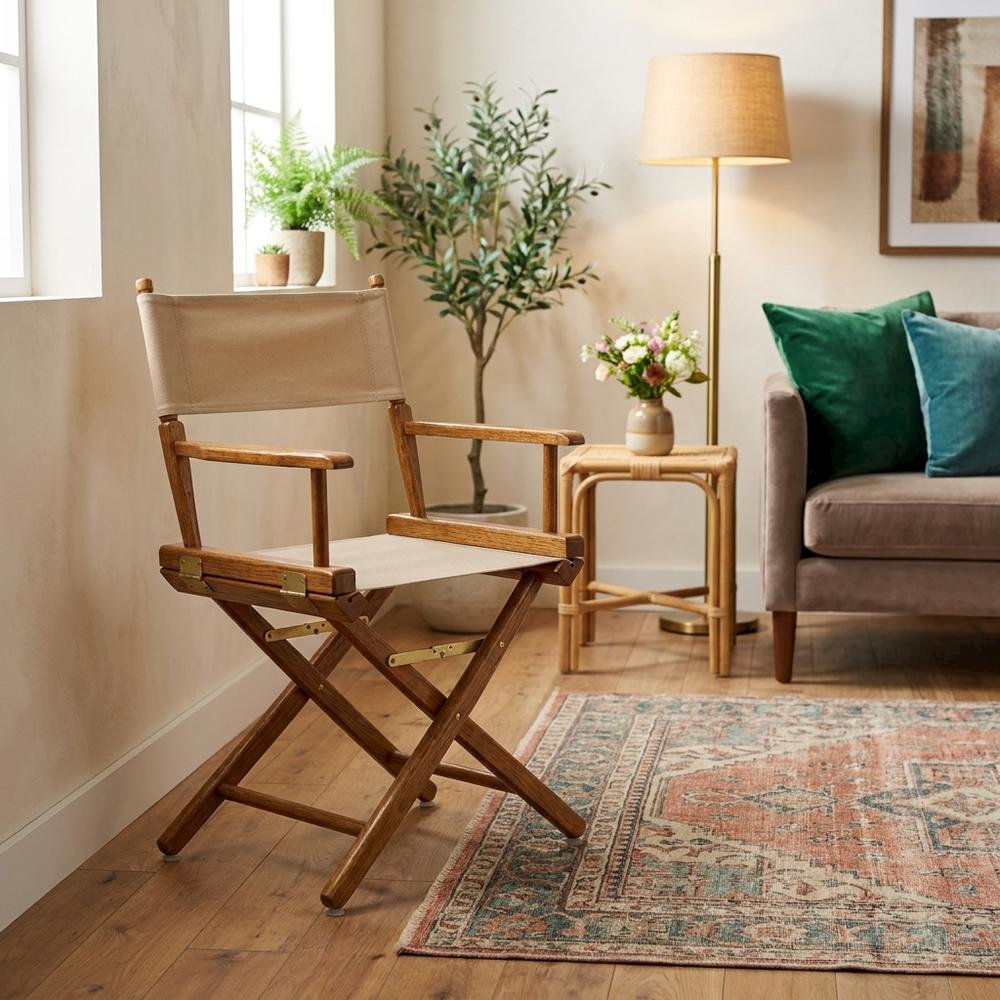 Beige Extra-Wide Director's Chair, Mission Oak Frame, 18-Inch Wide Seat. Picture 3