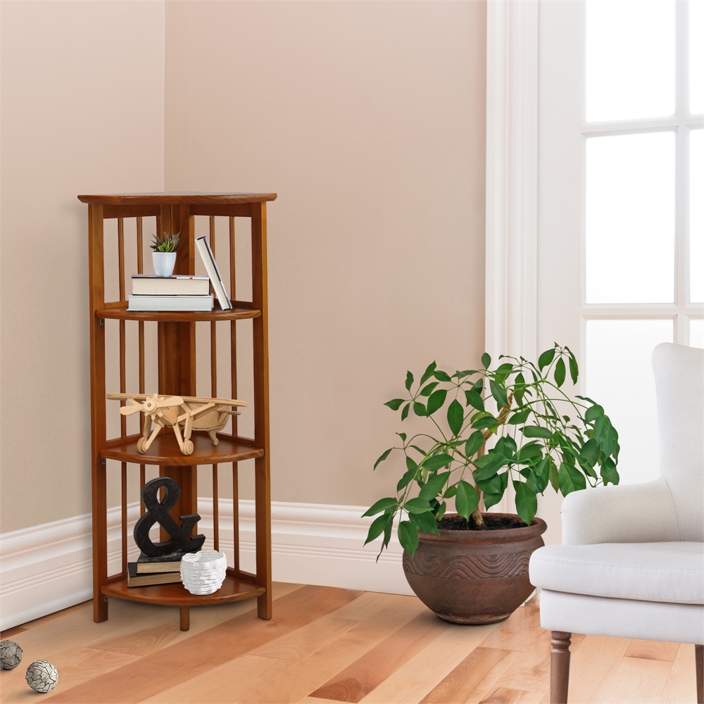 4-Shelf Corner Folding Bookcase-Honey Oak. Picture 7