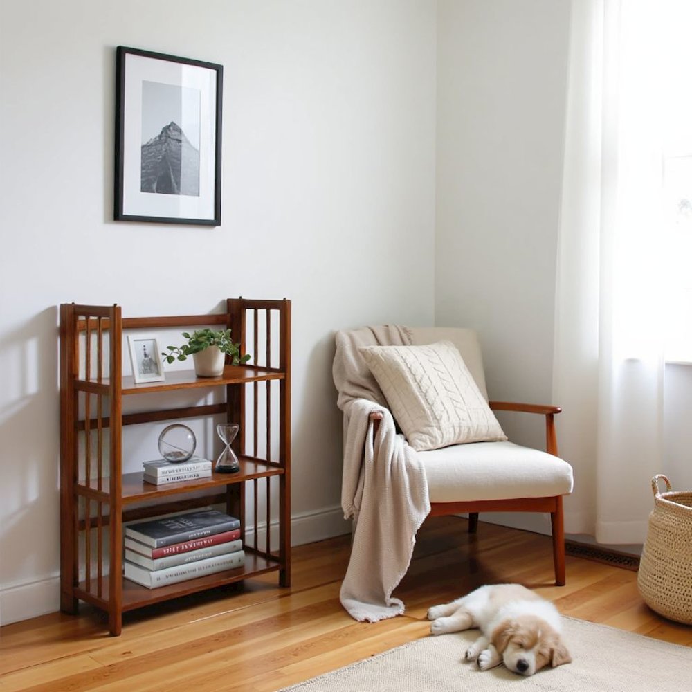 Brown Walnut Folding Bookshelf with 3 Shelves and Solid Wood Foldable Frame. Picture 3
