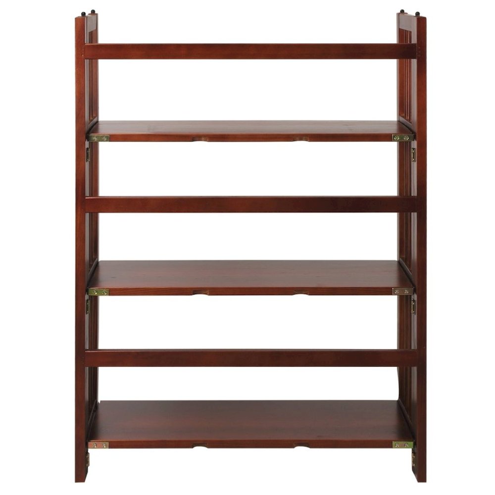Brown Walnut Folding Bookshelf with 3 Shelves and Solid Wood Foldable Frame. Picture 4