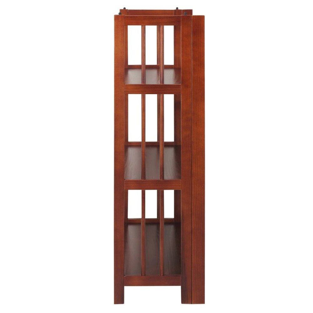 Brown Walnut Folding Bookshelf with 3 Shelves and Solid Wood Foldable Frame. Picture 7