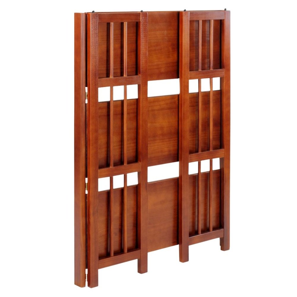Brown Walnut Folding Bookshelf with 3 Shelves and Solid Wood Foldable Frame. Picture 6