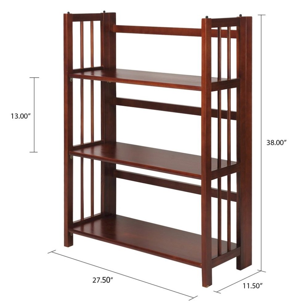 Brown Walnut Folding Bookshelf with 3 Shelves and Solid Wood Foldable Frame. Picture 8