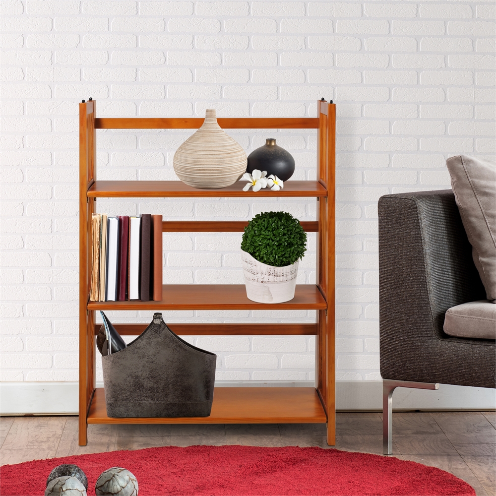 3-Shelf Folding Stackable Bookcase 27.5" Wide-Honey Oak. Picture 7