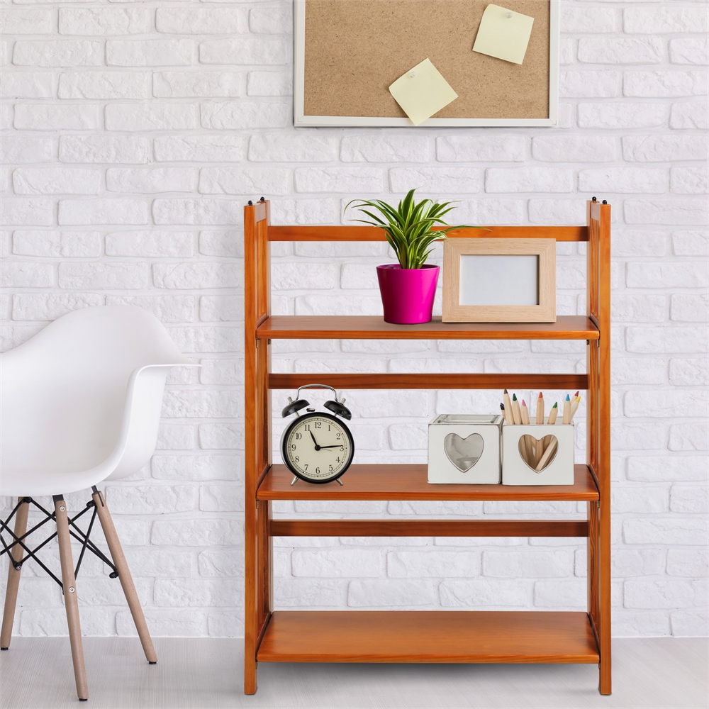 3-Shelf Folding Stackable Bookcase 27.5" Wide-Honey Oak. Picture 8