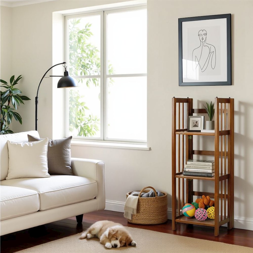 Brown Honey Oak Folding Bookshelf with Foldable Shelf Frame and 3 Fixed Tiers. Picture 3