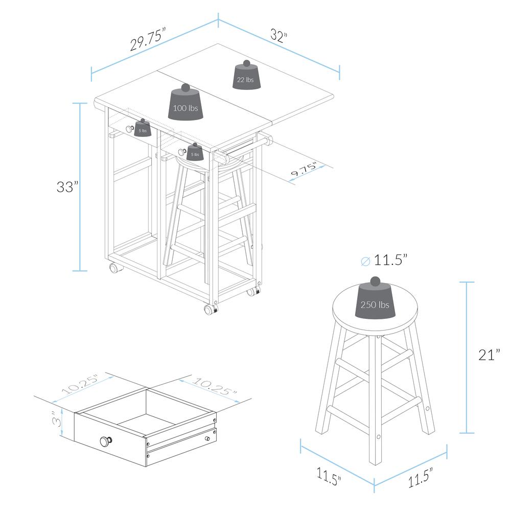 Breakfast Cart with Drop-Leaf Table, American Maple Top, Square - White. Picture 9