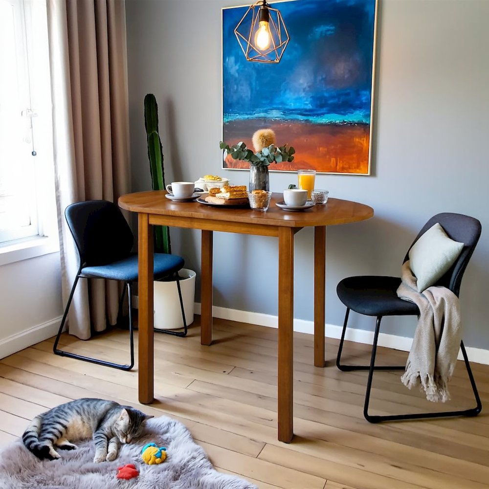 Oval Drop Leaf Folding Table with Walnut Wood Top and Rubberwood Frame. Picture 3