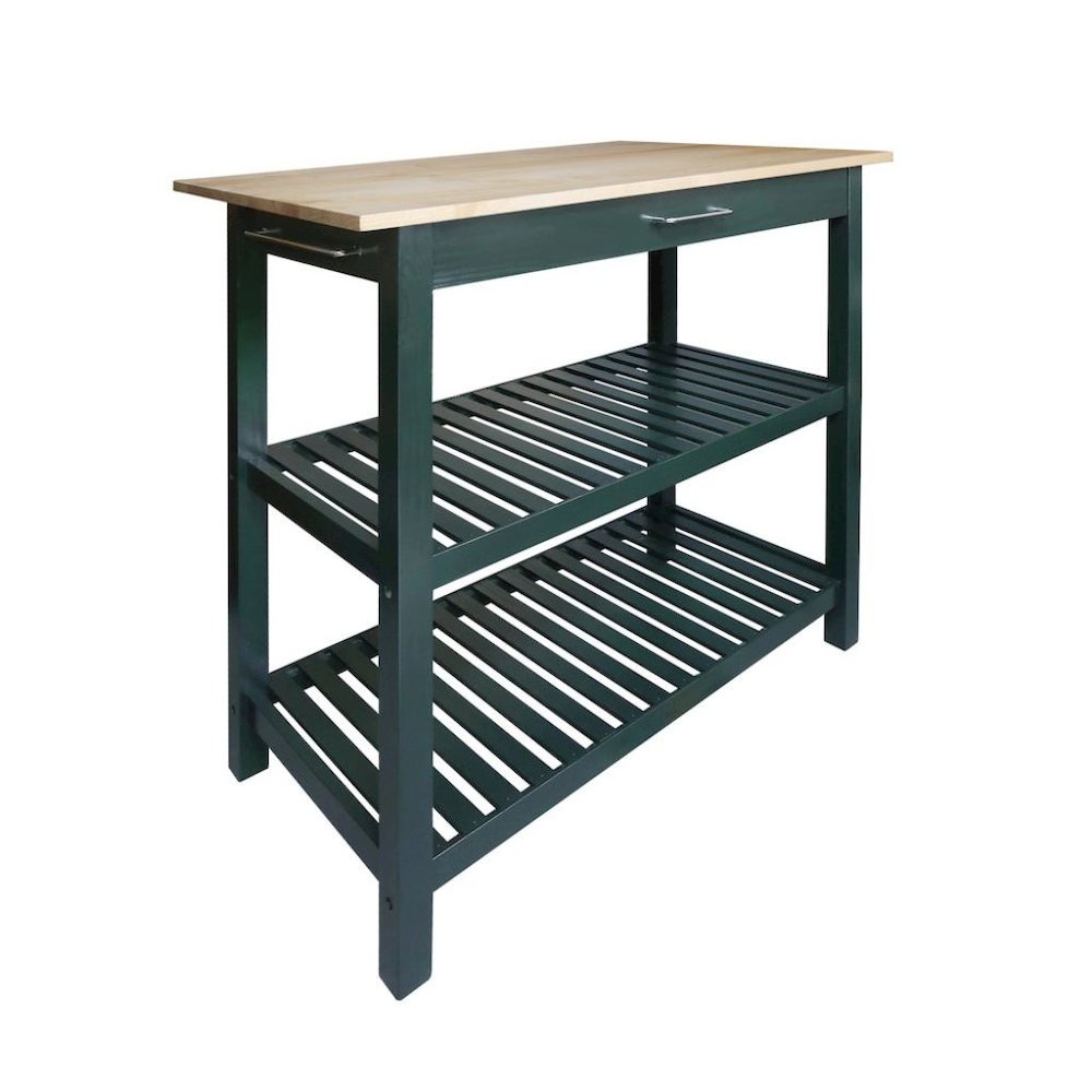 Hunter Green Kitchen Island Table with Storage, Drawer, 2 Open Counter Shelves. Picture 4
