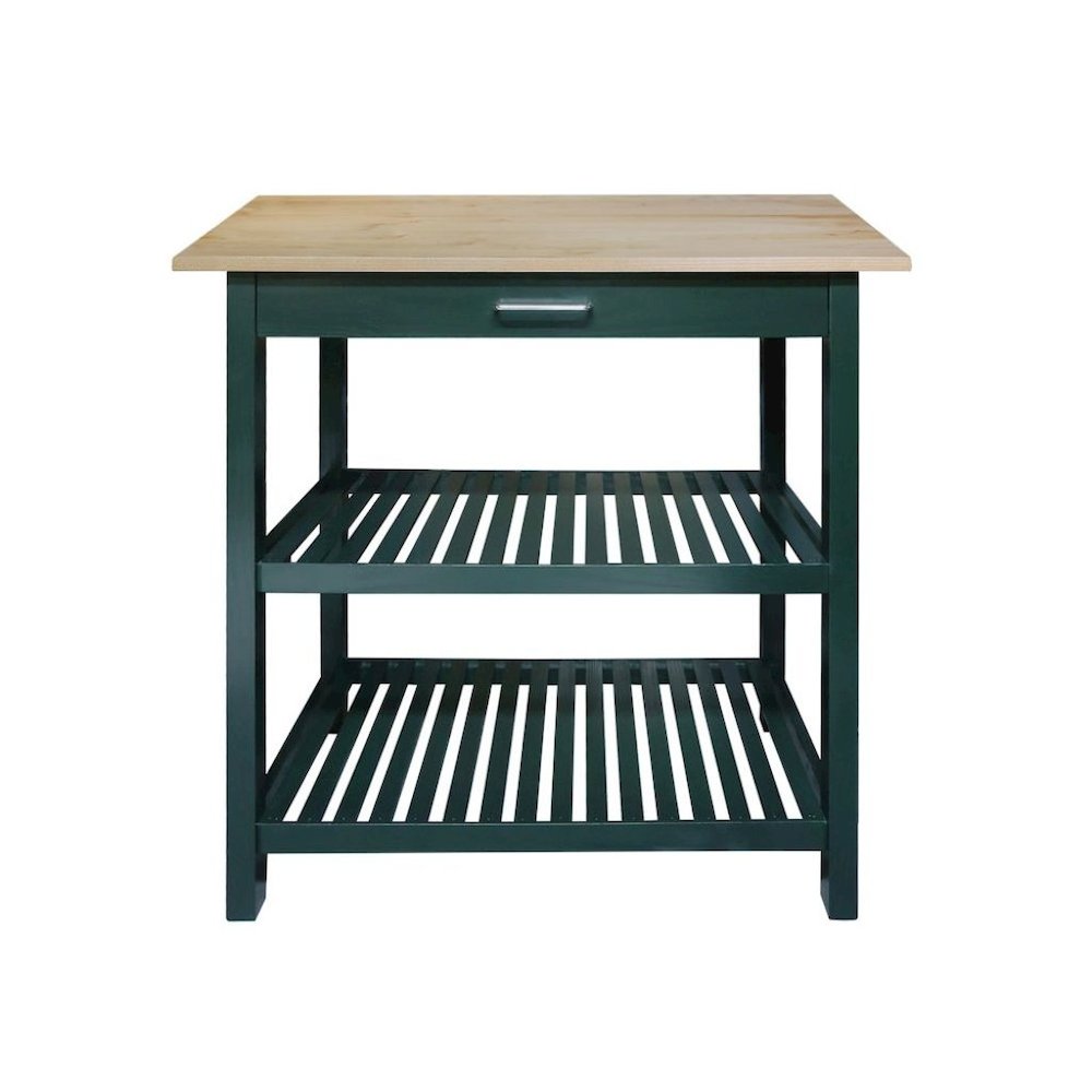 Hunter Green Kitchen Island Table with Storage, Drawer, 2 Open Counter Shelves. Picture 1