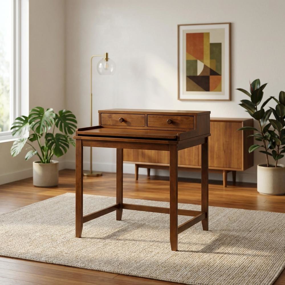 Mid Century Modern Wooden Computer Desk with Drawers and Hidden Compartment. Picture 2