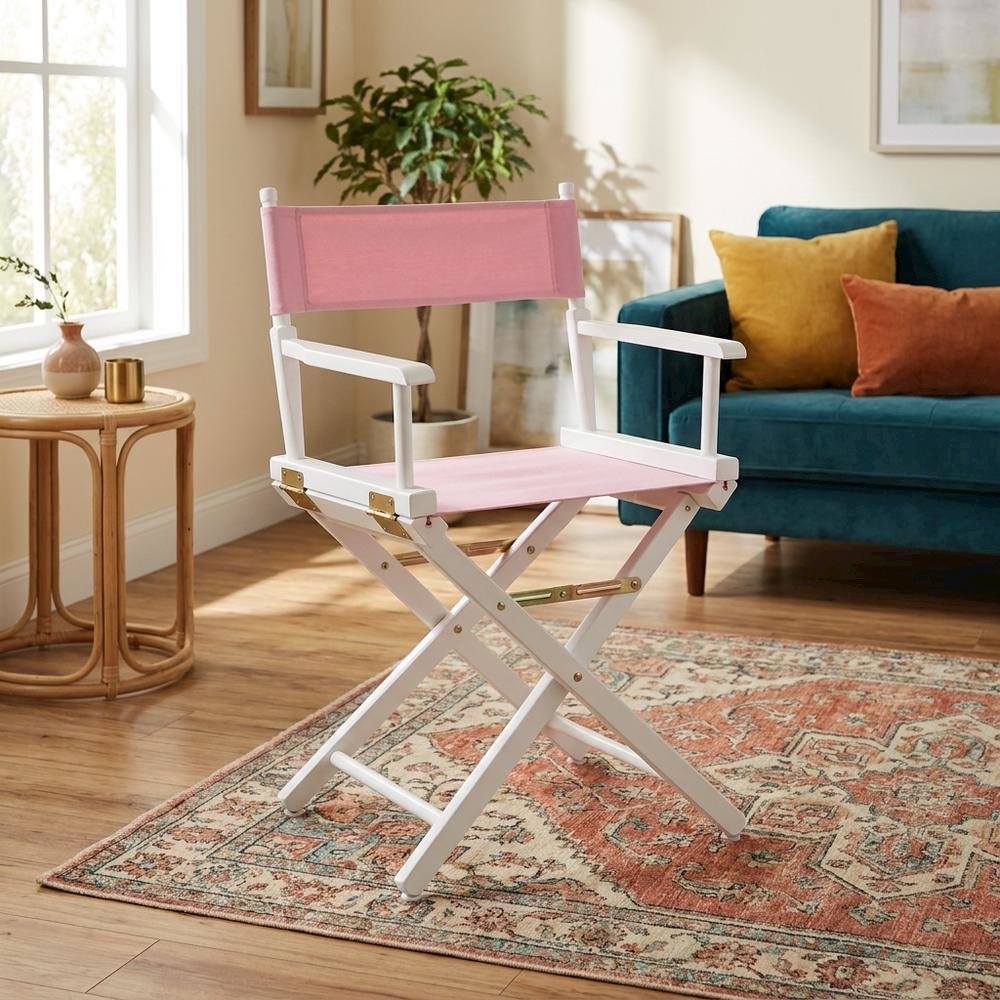 Pink Director's Chair, White Frame, 18-Inch Seat, Folding Accent. Picture 3
