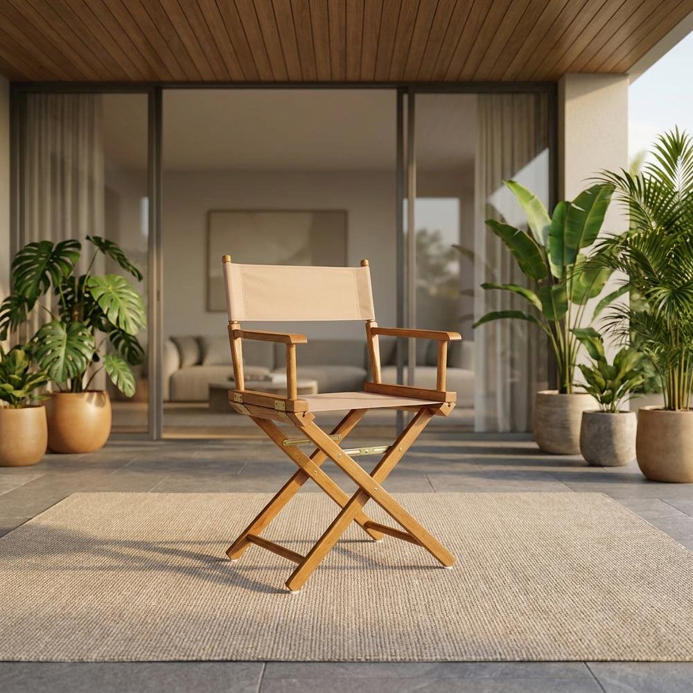 Tan Director's Chair, Honey Oak Frame, 18-Inch Seat, Folding. Picture 2