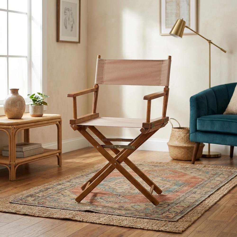 Tan Director's Chair, Honey Oak Frame, 18-Inch Seat, Folding. Picture 3