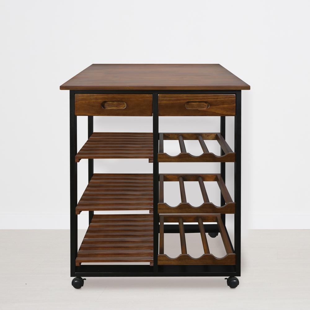 Solid Wood 28" Wide Rolling Kitchen Island Trolley with Wine Rack and Drawer. Picture 7