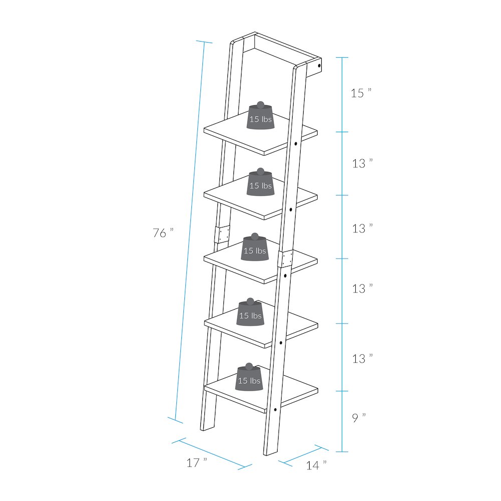 5-Tier Leaning Ladder Bookcase with Solid American Gum Shelves - Black/Walnut. Picture 6