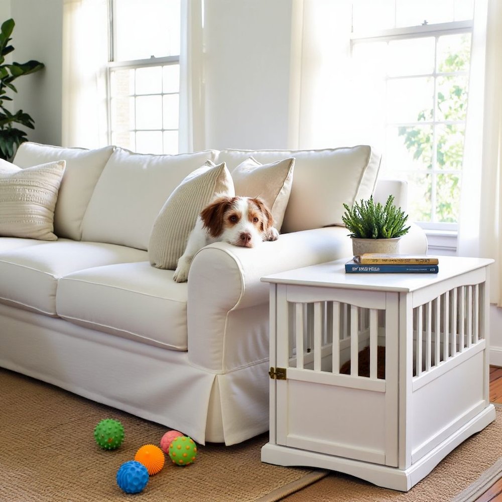 White Dog Kennel Furniture with Lockable Gate, Solid Wood Crate Table. Picture 2