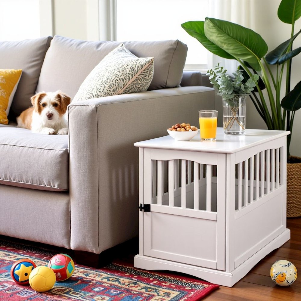 White Dog Kennel Furniture with Lockable Gate, Solid Wood Crate Table. Picture 3