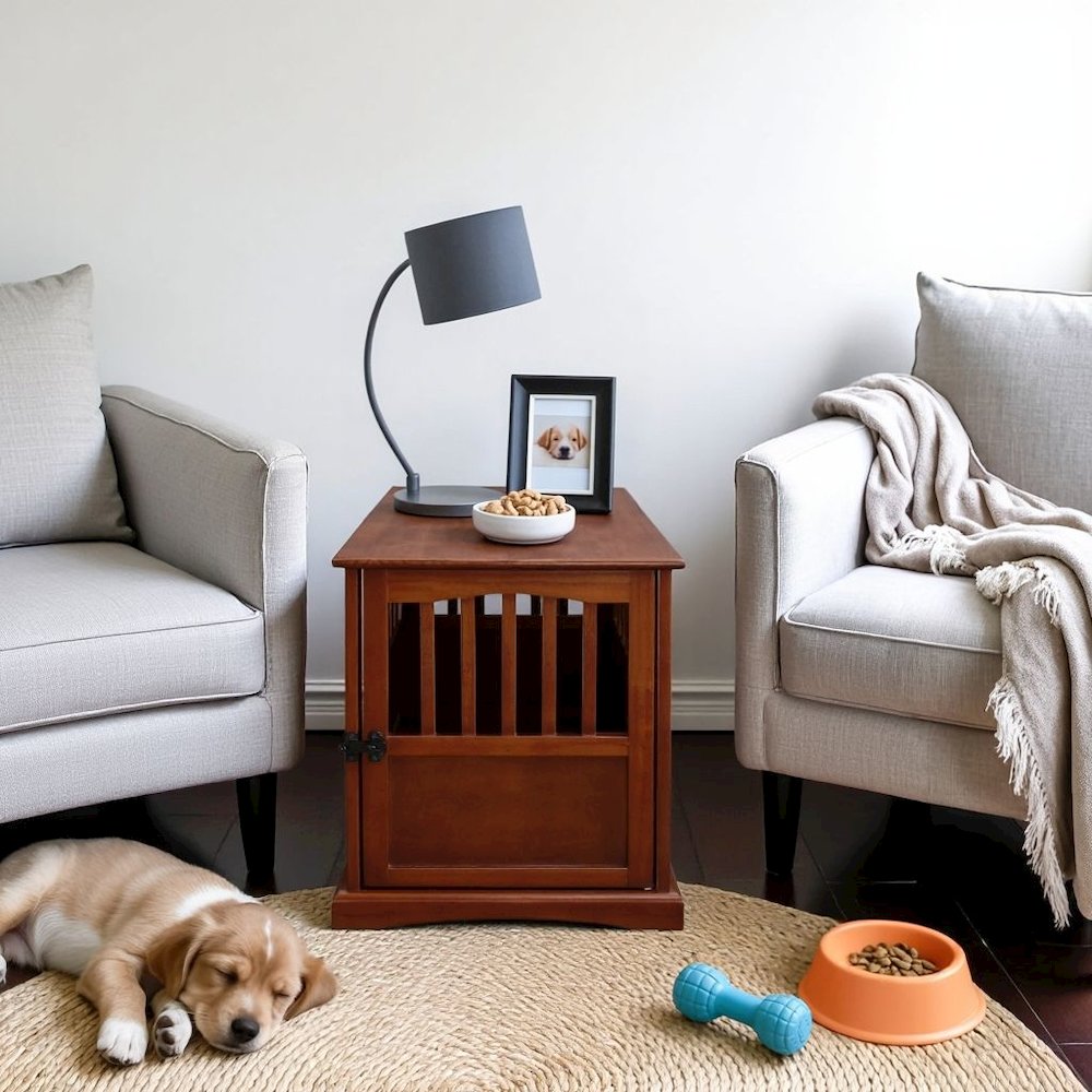 Walnut Dog Kennel Furniture with Gate, Solid Wood Dog Crate End Table. Picture 2