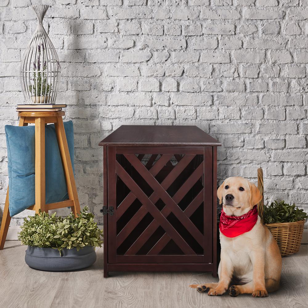 Modern Lattice Wooden Pet Crate End Table - Espresso. Picture 7