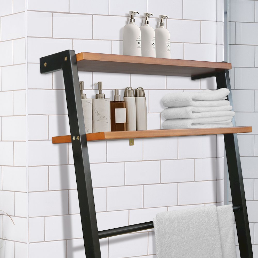 Solid Wood 6-Tier Blanket Ladder with Two Storage Shelves - Black/Sweet Oak. Picture 8