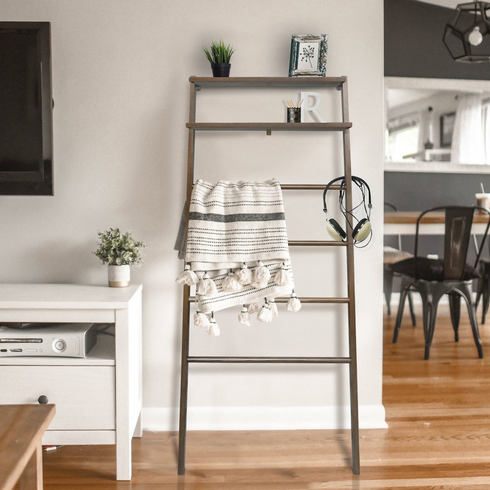 Solid Wood 6-Tier Blanket Ladder with Two Storage Shelves - Walnut. Picture 9