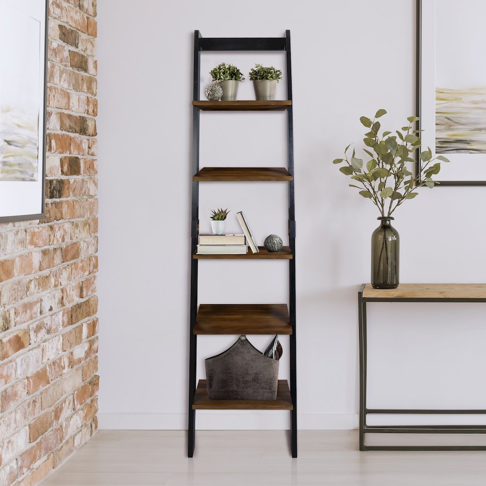 5-Tier Leaning Ladder Bookcase with Solid American Gum Shelves - Black/Walnut. Picture 7