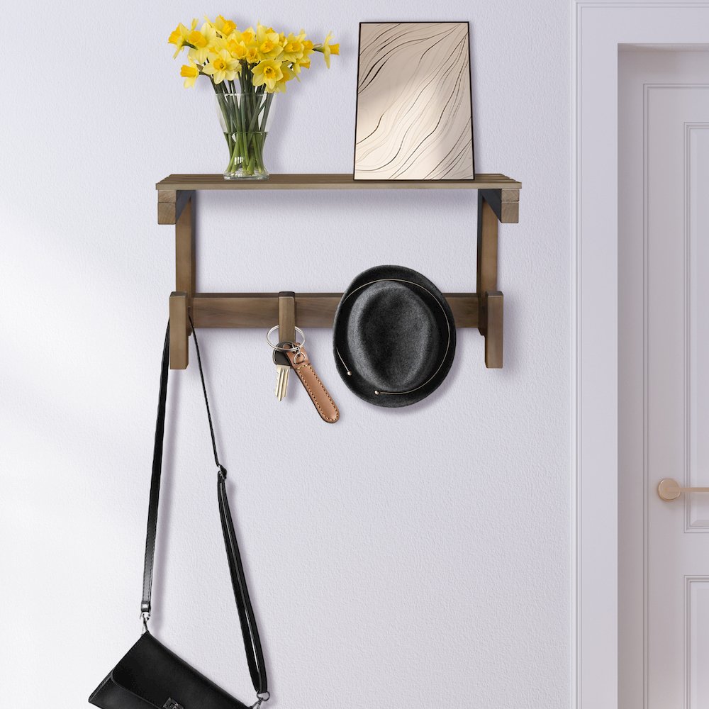 100% Solid American Hardwood Floating Wall Mounted Hook with Shelf - Autumn Gray. Picture 5