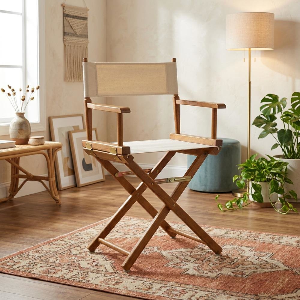 Beige Director's Chair, Honey Oak Frame, 18-Inch Seat Folding. Picture 3