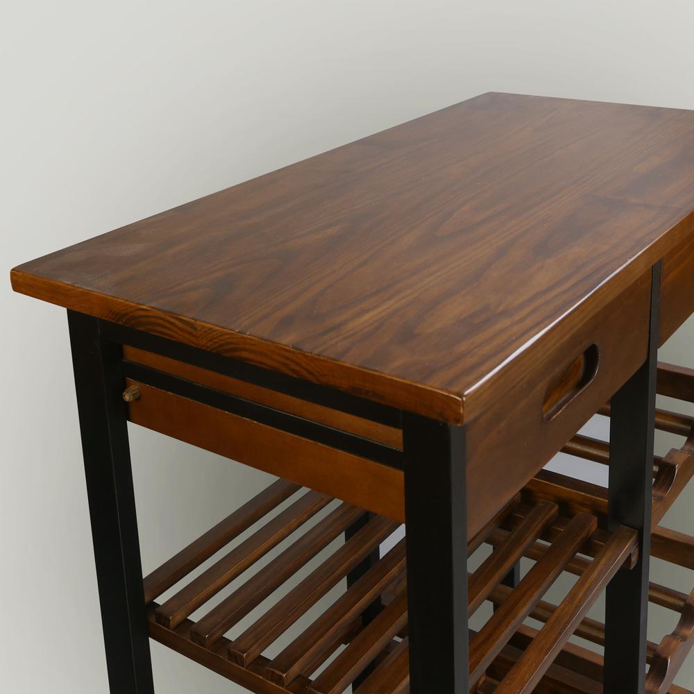 Solid Wood 28" Wide Rolling Kitchen Island Trolley with Wine Rack and Drawer. Picture 4