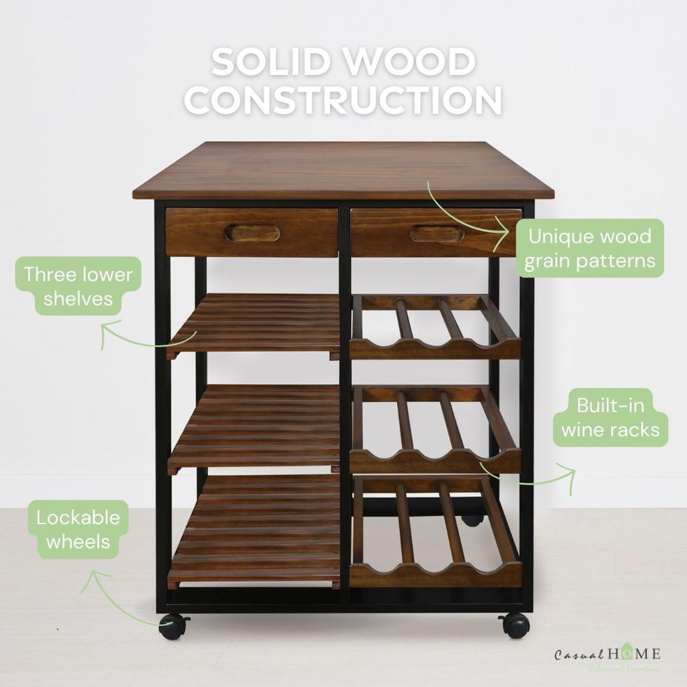 Solid Wood 28" Wide Rolling Kitchen Island Trolley with Wine Rack and Drawer. Picture 13