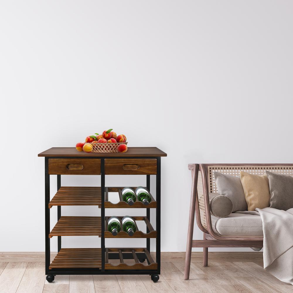 Solid Wood 28" Wide Rolling Kitchen Island Trolley with Wine Rack and Drawer. Picture 8