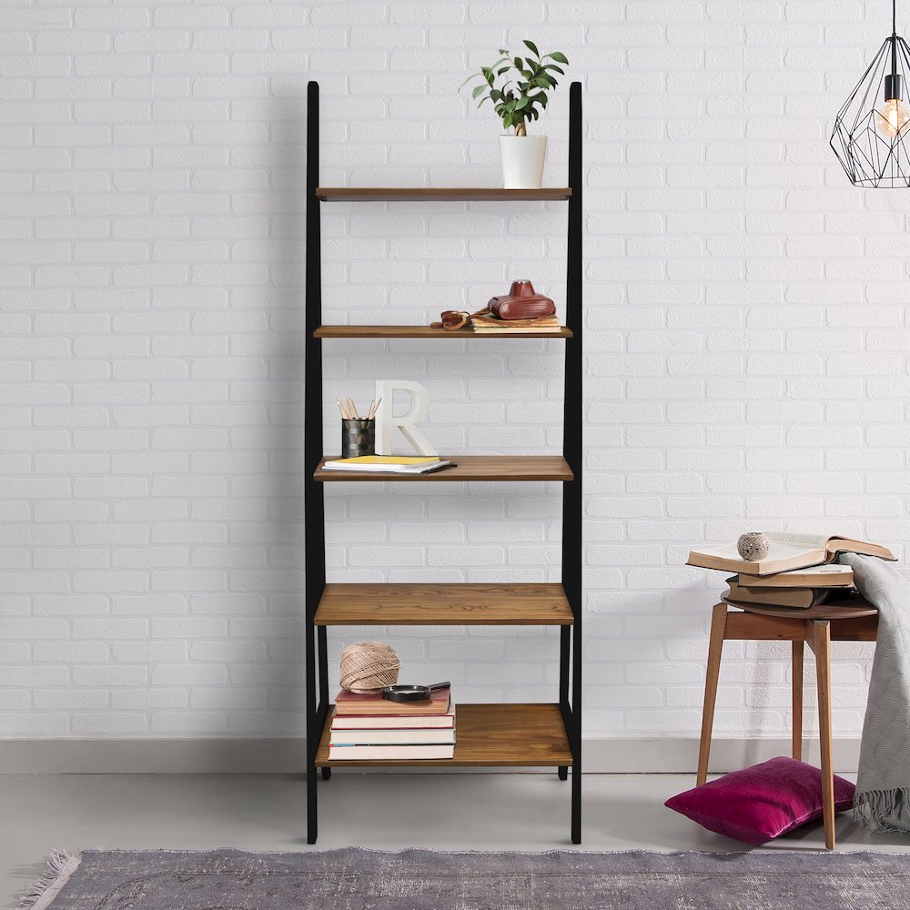 5-Shelf Ladder Bookcase - Rustic Brown/Black. Picture 9