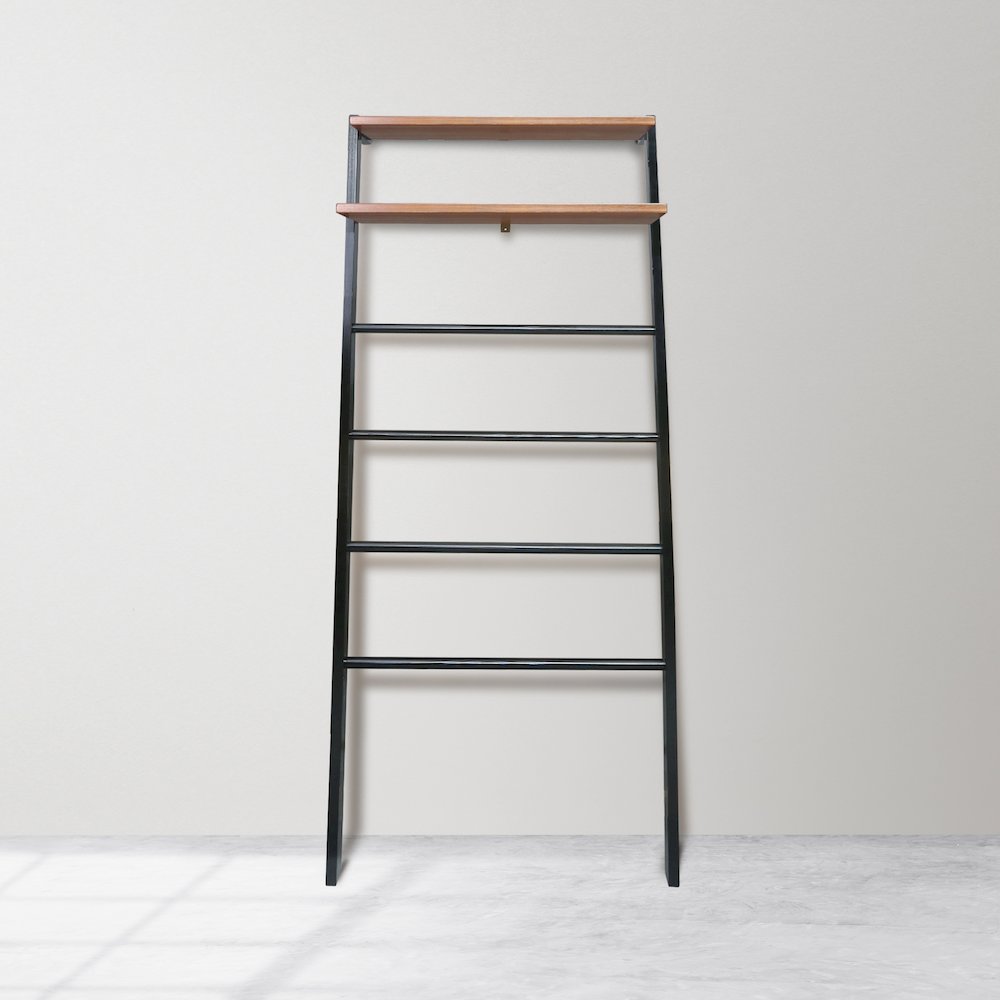 Solid Wood 6-Tier Blanket Ladder with Two Storage Shelves - Black/Sweet Oak. Picture 5