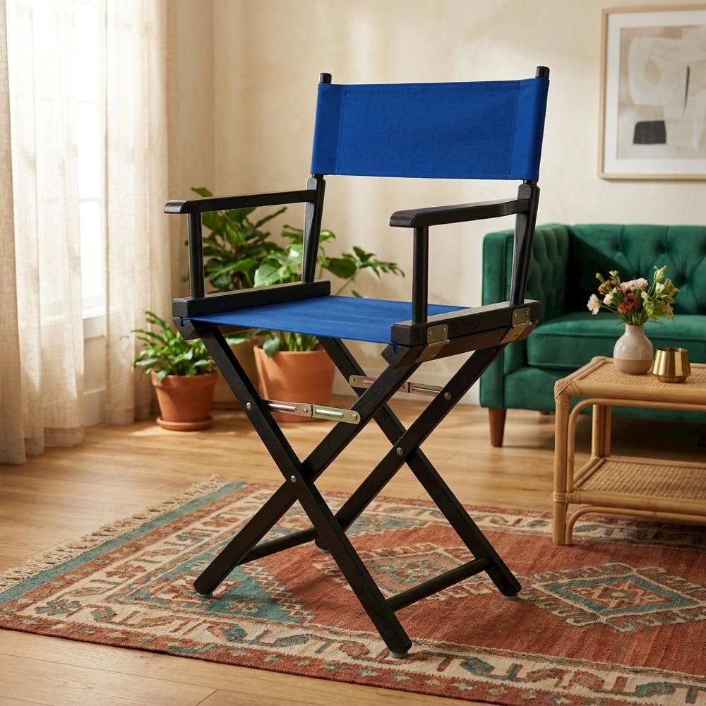 Blue Director's Chair, Black Frame, 18-Inch Seat, Folding Portable. Picture 3