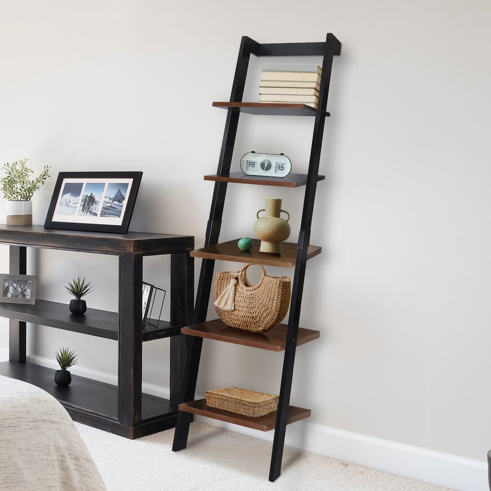 5-Tier Leaning Ladder Bookcase with Solid American Gum Shelves - Black/Walnut. Picture 8