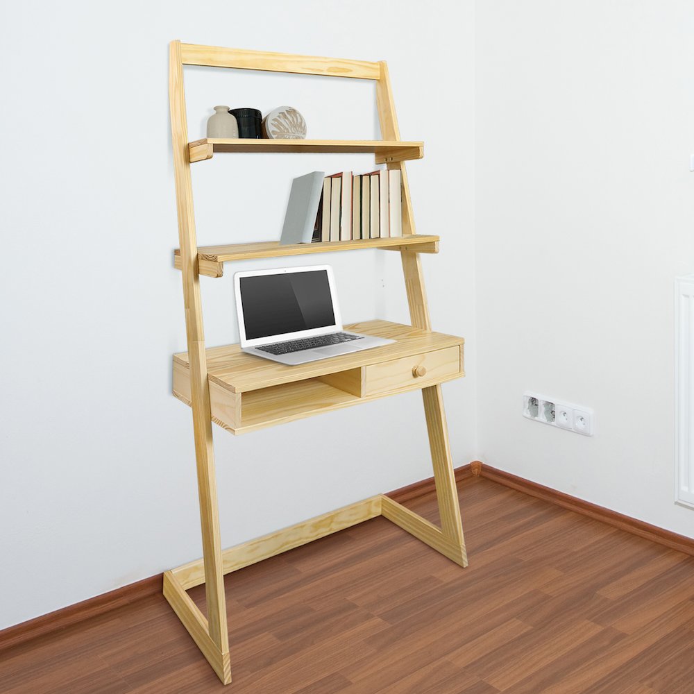 Freestanding Ladder Desk with Drawer, Natural. Picture 9